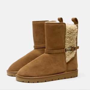 ZARA FAUX SHEARLING FLAT LEATHER ANKLE BOOTS